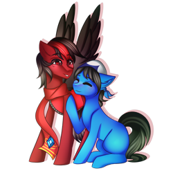 Size: 3000x3000 | Tagged: safe, artist:kurochhi, oc, oc only, species:earth pony, species:pegasus, species:pony, bandana, blushing, clothing, colored wings, commission, duo, eyes closed, female, high res, male, mare, scarf, simple background, sitting, smiling, spread wings, stallion, transparent background, wings