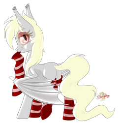 Size: 774x800 | Tagged: safe, artist:unisoleil, oc, oc only, oc:albi light wing, species:bat pony, species:pony, albino, clothing, female, mare, mouth hold, nightpony, simple background, socks, solo, striped socks, transparent background