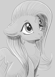 Size: 2894x4093 | Tagged: safe, artist:faline-art, character:fluttershy, species:pegasus, species:pony, bust, female, floppy ears, looking up, mare, monochrome, portrait, smiling, solo, stray strand, three quarter view