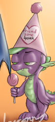Size: 257x572 | Tagged: safe, artist:cyrilunicorn, character:spike, species:dragon, candy, clothing, food, friendzone, hat, hello darkness my old friend, lidded eyes, lollipop