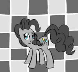 Size: 808x745 | Tagged: safe, artist:itsthinking, character:pinkie pie, species:earth pony, species:pony, abstract background, checkerboard, female, grayscale, grin, limited palette, mare, monochrome, partial color, selective color, smiling, solo