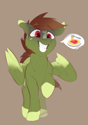 Size: 712x1020 | Tagged: safe, artist:tangomangoes, oc, oc only, species:pegasus, species:pony, dialogue, food, pasta, pictogram, simple background, smiling, solo, spaghetti, sweat