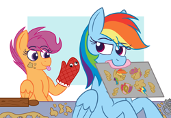 Size: 3171x2200 | Tagged: safe, artist:pink-pone, character:rainbow dash, character:scootaloo, species:pegasus, species:pony, cookie, duo, food, googly eyes, high res, mouth hold, oven mitts, oven plate, scootalove, simple background, tongue out