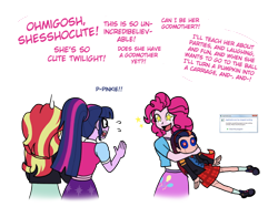 Size: 724x542 | Tagged: safe, artist:crydius, character:pinkie pie, character:sunset shimmer, character:twilight sparkle, character:twilight sparkle (scitwi), oc, oc:gamma, parent:sci-twi, parent:sunset shimmer, parent:twilight sparkle, parents:scitwishimmer, parents:sunsetsparkle, species:eqg human, ship:scitwishimmer, ship:sunsetsparkle, my little pony:equestria girls, android, application, blue screen of death, cinderella, clothing, converse, crossover, cute, cutie mark, error, female, hug, lesbian, magical lesbian spawn, meet gamma, mercy, notification, offspring, scientific lesbian spawn, shipping, shoes, simple background, skirt, starry eyes, this will end in parties, transparent background, windows, wingding eyes