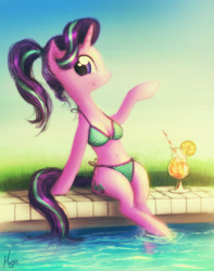 Size: 1200x1520 | Tagged: safe, artist:magfen, character:starlight glimmer, species:anthro, species:unguligrade anthro, species:unicorn, arm hooves, belly button, bikini, breasts, chestbreasts, clothing, cute, female, glimmerbetes, juice, mare, orange juice, ponytail, smiling, solo, swimming pool, swimsuit