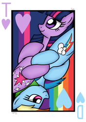 Size: 2480x3507 | Tagged: safe, artist:twidasher, character:rainbow dash, character:twilight sparkle, species:pegasus, species:pony, ship:twidash, female, heart, lesbian, playing card, shipping