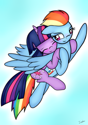 Size: 2480x3507 | Tagged: safe, artist:twidasher, character:rainbow dash, character:twilight sparkle, character:twilight sparkle (unicorn), species:pegasus, species:pony, species:unicorn, ship:twidash, blushing, duo, eyes closed, fanfic, fanfic art, female, flying, holding hooves, lesbian, mare, ponies riding ponies, riding, shipping