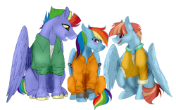 Size: 1024x643 | Tagged: safe, artist:kimyowolf, character:bow hothoof, character:rainbow dash, character:windy whistles, species:pony, abuse, blushing, bound wings, chains, clothing, cuffed, cuffs, dashabuse, embarrassed, handcuffed, prison outfit, prisoner, prisoner rd, rainbow dash's parents, shackles
