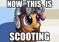Size: 1472x1058 | Tagged: safe, artist:derkrazykraut, character:scootaloo, species:pegasus, species:pony, crossover, cute, cutealoo, female, goggles, helmet, image macro, podrace, podracing, solo, star wars, the phantom menace