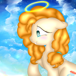 Size: 3000x3000 | Tagged: safe, artist:saralien, character:pear butter, species:earth pony, species:pony, episode:the perfect pear, g4, my little pony: friendship is magic, angel, blushing, cloud, female, halo, heaven, sad, sky, solo