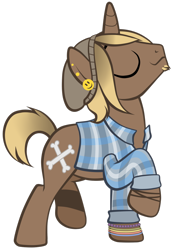 Size: 1024x1480 | Tagged: safe, artist:petraea, oc, oc only, oc:lazy bones, species:pony, species:unicorn, beanie, clothing, hat, male, raised hoof, shirt, simple background, solo, stallion, transparent background, vector