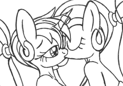 Size: 1315x927 | Tagged: safe, artist:sonork91, character:trixie, character:twilight sparkle, species:anthro, ship:twixie, female, genie, kissing, lesbian, monochrome, shipping, traditional art