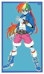 Size: 1200x2000 | Tagged: safe, artist:m@k, character:rainbow dash, my little pony:equestria girls, belly button, belt, boots, clothing, crossover, female, kamen rider, kamen rider drive, long hair, midriff, shoes, shorts, simple background, smiling, socks, solo, striped socks