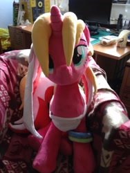 Size: 2448x3264 | Tagged: safe, artist:nazegoreng, oc, oc only, oc:starsweep sweetsky, species:pony, armchair, computer, irl, looking at you, photo, plushie, sitting, smiling
