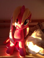 Size: 2448x3264 | Tagged: safe, artist:nazegoreng, oc, oc only, oc:starsweep sweetsky, species:pony, bed, bedsheets, irl, looking at you, photo, plushie, sunshine
