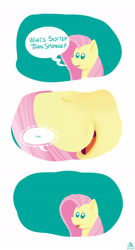 Size: 3641x6751 | Tagged: safe, artist:poecillia-gracilis19, character:fluttershy, species:pony, comic, female, joke, pun, solo, sponge, tongue out, whispering