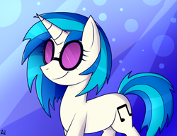 Size: 1280x989 | Tagged: safe, artist:whitelie, character:dj pon-3, character:vinyl scratch, species:pony, species:unicorn, abstract background, female, mare, smiling, solo