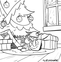 Size: 784x793 | Tagged: safe, artist:elosande, character:smarty pants, christmas, christmas tree, crossover, holiday, monochrome, present, snow, team fortress 2, teddy roosebelt, tree, window