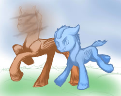 Size: 1279x1014 | Tagged: safe, artist:thatonegib, oc, oc only, species:pegasus, species:pony, daily sketch, father and son, folded wings, male, memories, running, short hair, short tail, simple background, smiling, unshorn fetlocks