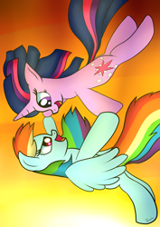Size: 2480x3507 | Tagged: safe, artist:twidasher, character:rainbow dash, character:twilight sparkle, species:pegasus, species:pony, species:unicorn, ship:twidash, falling, female, gradient background, lesbian, mare, shipping