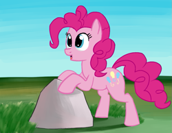 Size: 861x668 | Tagged: safe, artist:itsthinking, derpibooru original, character:pinkie pie, species:pony, female, rock, simple background, smiling, solo