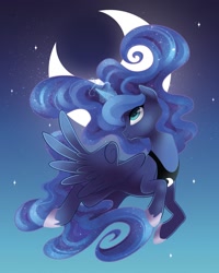 Size: 1024x1280 | Tagged: safe, artist:steffy-beff, character:princess luna, species:alicorn, species:pony, crescent moon, cute, ethereal mane, female, flying, galaxy mane, glowing horn, lunabetes, mare, moon, night, sky, smiling, solo, spread wings, stars, wings