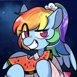 Size: 512x512 | Tagged: safe, artist:snowillusory, character:rainbow dash, species:pegasus, species:pony, alternate hairstyle, clothing, eye clipping through hair, female, food, grin, kimono (clothing), mare, ponytail, smiling, solo, watermelon