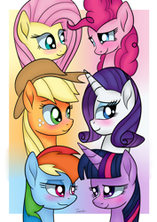 Size: 2480x3507 | Tagged: safe, artist:twidasher, character:applejack, character:fluttershy, character:pinkie pie, character:rainbow dash, character:rarity, character:twilight sparkle, species:earth pony, species:pegasus, species:pony, species:unicorn, ship:flutterpie, ship:rarijack, ship:twidash, g4, blushing, bust, female, gradient background, lesbian, looking at each other, mane six, mare, profile, shipping, signature, simple background, three quarter view