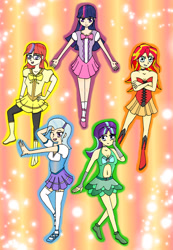 Size: 1500x2168 | Tagged: safe, artist:banquo0, character:moondancer, character:starlight glimmer, character:sunset shimmer, character:trixie, character:twilight sparkle, species:human, belly button, boots, clothing, counterparts, cute, garters, glasses, humanized, magical girl, midriff, pantyhose, shoes, skirt, socks, stockings, thigh highs, twilight's counterparts