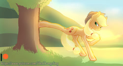 Size: 1280x689 | Tagged: safe, artist:thatonegib, character:applejack, species:pony, applebucking, daily sketch, female, looking at something, scenery, smiling, solo, sunset, tree