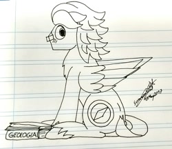 Size: 1385x1198 | Tagged: safe, artist:summerium, oc, oc only, oc:summer lights, species:pegasus, species:pony, blushing, book, geology, glasses, lined paper, male, sitting, spanish, text, traditional art
