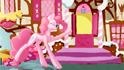 Size: 1280x728 | Tagged: safe, artist:thatonegib, character:pinkie pie, species:earth pony, species:pony, female, inviting, inviting you, looking at you, one eye closed, open mouth, smiling, solo, sugarcube corner, wink