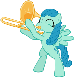 Size: 1024x1057 | Tagged: safe, artist:petraea, oc, oc only, oc:symphony swirl, species:pegasus, species:pony, bipedal, female, mare, simple background, solo, transparent background, trombone