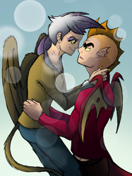 Size: 2048x2732 | Tagged: safe, artist:percy-mcmurphy, character:garble, character:gilda, species:human, clothing, female, freckles, garilda, humanized, looking at each other, male, shipping, straight, tailed humanization, winged humanization, wings