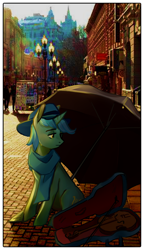 Size: 2040x3534 | Tagged: safe, artist:exclusionzone, artist:foxda, character:lyra heartstrings, species:pony, species:unicorn, city, clothing, collaboration, fiddle, hat, high res, irl, moscow, photo, ponies in real life, russia, sad, scarf, sitting, solo, umbrella