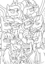 Size: 2480x3507 | Tagged: safe, artist:twidasher, character:bow hothoof, character:firefly, character:night light, character:princess cadance, character:princess celestia, character:princess luna, character:rainbow blaze, character:rainbow dash, character:scootaloo, character:shining armor, character:spike, character:twilight sparkle, character:twilight sparkle (alicorn), character:twilight velvet, character:windy whistles, species:alicorn, species:dragon, species:pegasus, species:pony, ship:fireblaze, ship:nightvelvet, ship:twidash, ship:windyhoof, g1, female, flower, flower in hair, g1 to g4, generation leap, hug, lesbian, lineart, male, monochrome, rainbow dash's parents, scootalove, shipping, straight, winghug