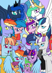 Size: 2480x3507 | Tagged: safe, artist:twidasher, character:bow hothoof, character:firefly, character:night light, character:princess cadance, character:princess celestia, character:princess luna, character:rainbow blaze, character:rainbow dash, character:scootaloo, character:shining armor, character:spike, character:twilight sparkle, character:twilight sparkle (alicorn), character:twilight velvet, character:windy whistles, species:alicorn, species:dragon, species:pegasus, species:pony, ship:fireblaze, ship:nightvelvet, ship:twidash, ship:windyhoof, g1, female, flower, flower in hair, g1 to g4, generation leap, hug, lesbian, male, rainbow dash's parents, scootalove, shipping, spikelove, straight, winghug