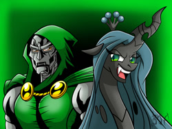 Size: 600x450 | Tagged: safe, artist:darklamprey, character:queen chrysalis, antagonist, crossover, doctor doom, green background, simple background
