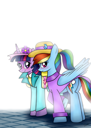 Size: 2480x3507 | Tagged: safe, artist:twidasher, character:rainbow dash, character:twilight sparkle, species:pony, ship:twidash, blushing, clothing, female, flower, hat, lesbian, shipping