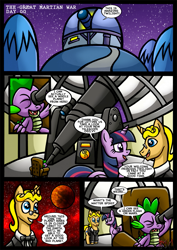 Size: 827x1169 | Tagged: safe, artist:darklamprey, character:spike, character:twilight sparkle, character:twilight sparkle (alicorn), species:alicorn, species:dragon, species:pony, species:unicorn, comic:equestria's war of the worlds, clothing, comic, crossover, dialogue, female, grimdark series, grotesque series, male, mare, misspelling of you're, night, observatory, stallion, suit, telescope, the war of the worlds, trio