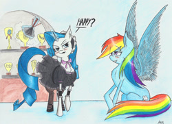 Size: 1600x1161 | Tagged: safe, artist:maneingreen, character:rainbow dash, character:rarity, species:pegasus, species:pony, species:unicorn, ship:raridash, clothing, dress, female, french maid, lesbian, maid, mare, shipping, spread wings, traditional art, wingboner, wings