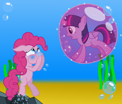 Size: 3000x2550 | Tagged: safe, artist:bladedragoon7575, character:pinkie pie, character:twilight sparkle, character:twilight sparkle (alicorn), species:alicorn, species:earth pony, species:pony, air bubble, asphyxiation, bubble, drowning, female, force field, holding breath, in bubble, magic, magic bubble, mare, peril, rescue, simple background, stuck, teary eyes, trapped, underwater