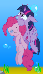 Size: 1750x3000 | Tagged: safe, artist:bladedragoon7575, character:pinkie pie, character:twilight sparkle, character:twilight sparkle (alicorn), species:alicorn, species:earth pony, species:pony, air bubble, asphyxiation, bubble, drowning, female, holding breath, mare, pinkiebuse, rescue, swimming, underwater