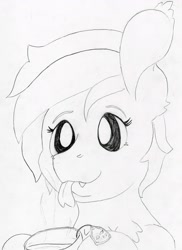 Size: 3186x4376 | Tagged: safe, artist:andandampersand, derpibooru original, oc, oc only, oc:soothing leaf, species:bat pony, species:pony, black and white, bust, fangs, female, food, grayscale, lineart, mare, monochrome, portrait, solo, tea, tongue out, traditional art