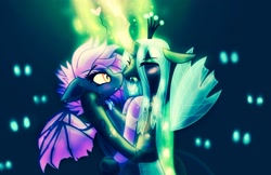 Size: 3395x2197 | Tagged: safe, artist:aaa-its-spook, artist:spook, derpibooru original, character:queen chrysalis, oc, oc:spook, species:bat pony, blushing, bow tie, canon x oc, cheeselegs, clothing, crown, eyeshadow, fangs, female, glowing eyes, glowing horn, heart, jewelry, lens flare, lesbian, magic, makeup, one eye closed, regalia, shipping, socks, tongue out, wings, wink