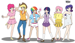 Size: 4000x2338 | Tagged: safe, artist:banquo0, character:applejack, character:fluttershy, character:pinkie pie, character:rainbow dash, character:rarity, character:twilight sparkle, species:human, armpits, belly button, boots, breasts, cleavage, clothing, converse, cowboy hat, dress, feet, female, flip-flops, hand on hip, hat, high heels, high res, humanized, kneesocks, mane six, mary janes, midriff, pants, pleated skirt, shirt, shoes, short shirt, shorts, simple background, skirt, socks, stetson, transparent background