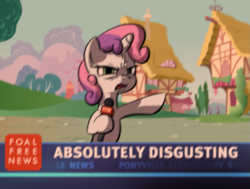 Size: 1593x1206 | Tagged: dead source, safe, artist:derkrazykraut, character:sweetie belle, species:pony, species:unicorn, absolutely disgusting, female, filly, foal free press, hoof hold, house, meme, microphone, news, news report, parody, pointing, reaction image, solo, wrinkles