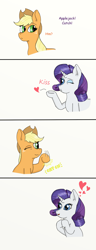 Size: 1000x2600 | Tagged: safe, artist:eulicious, character:applejack, character:rarity, species:earth pony, species:pony, species:unicorn, ship:rarijack, blowing a kiss, comic, female, floating heart, heart, lesbian, mare, one eye closed, shipping, simple background, text, white background