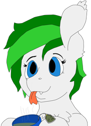 Size: 3186x4376 | Tagged: safe, artist:andandampersand, artist:coldfire, derpibooru original, oc, oc only, oc:soothing leaf, species:bat pony, species:pony, bust, cup, female, food, mare, portrait, solo, tea, tongue out