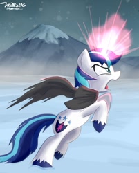Size: 922x1148 | Tagged: safe, artist:willisninety-six, character:shining armor, species:pony, species:unicorn, clothing, glowing horn, horn, jumping, magic, male, mountain, profile, scarf, signature, snow, solo, stallion